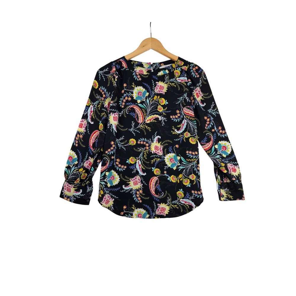Loft Floral Print Long Sleeve Blouse size XS Petite Black/Yellow